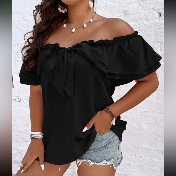 Luxe plus size black off shoulder tie front frill trim blouse - Picture 2 of 15